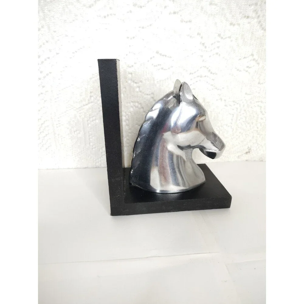 Horse head book end only 1 pc 6 3/4 inches aluminum and wood